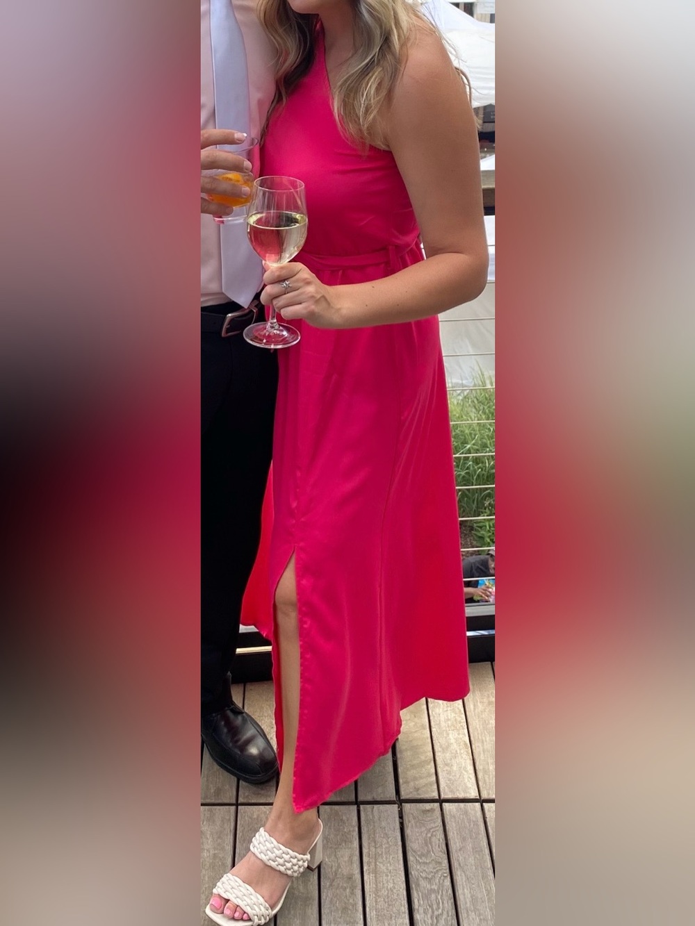 One-Shoulder Pink Maxi Dress with Side Slit